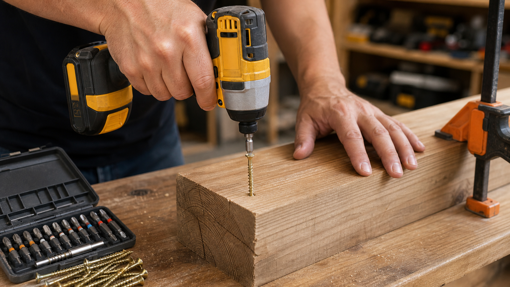 Taladro de impacto inalambrico atornillando una viga de madera