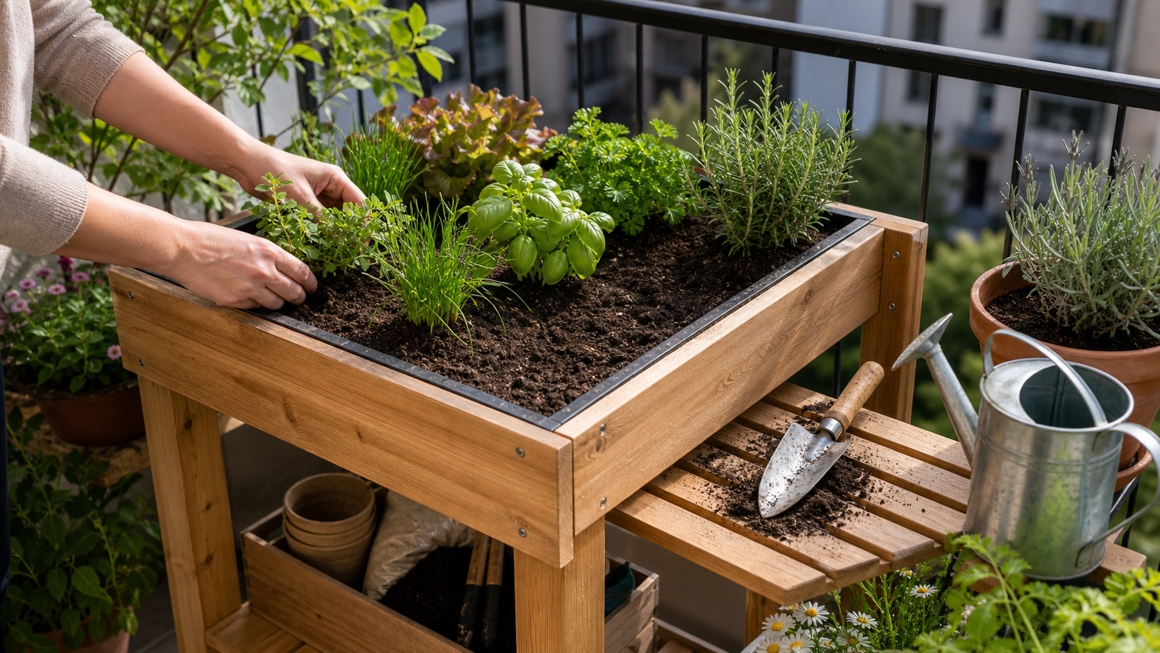 Mesa de huerto urbano casera con plantas aromaticas en un balcon