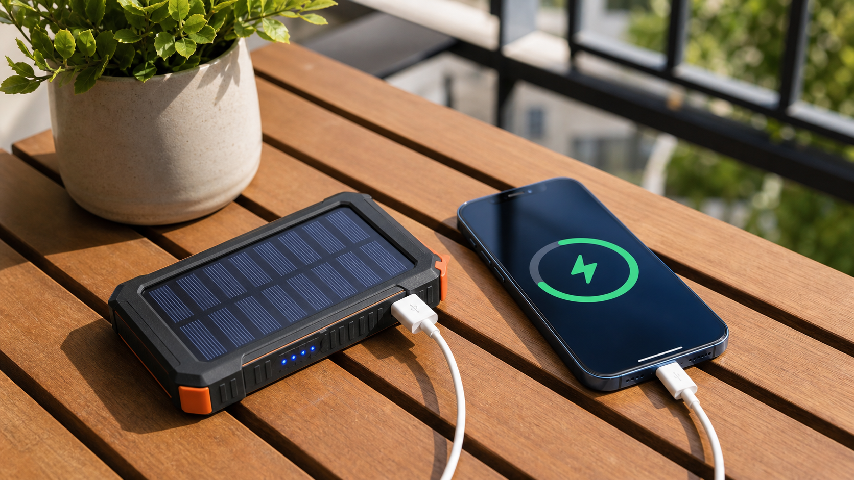 Bateria recargable solar cargando un celular en una mesa exterior