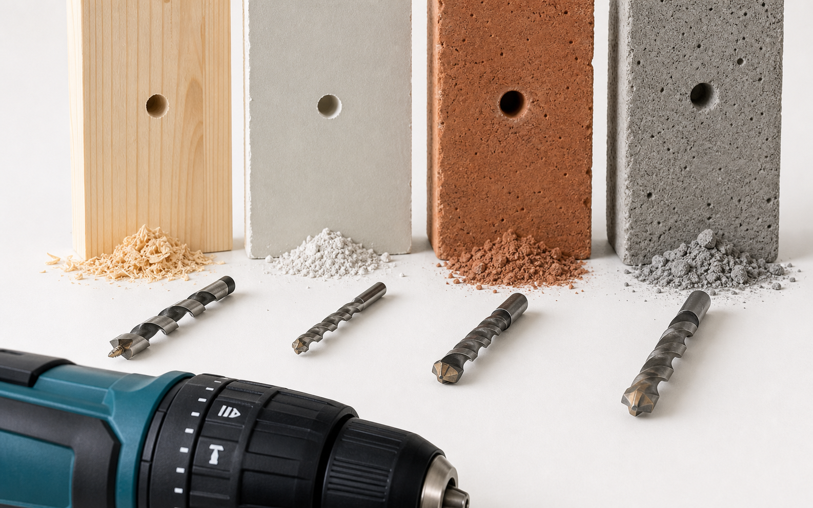 Potencia de taladro para casa con muestras de madera ladrillo pladur y hormigon