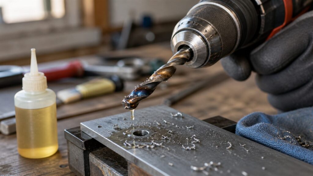 Broca caliente tras taladrar metal con lubricante y virutas