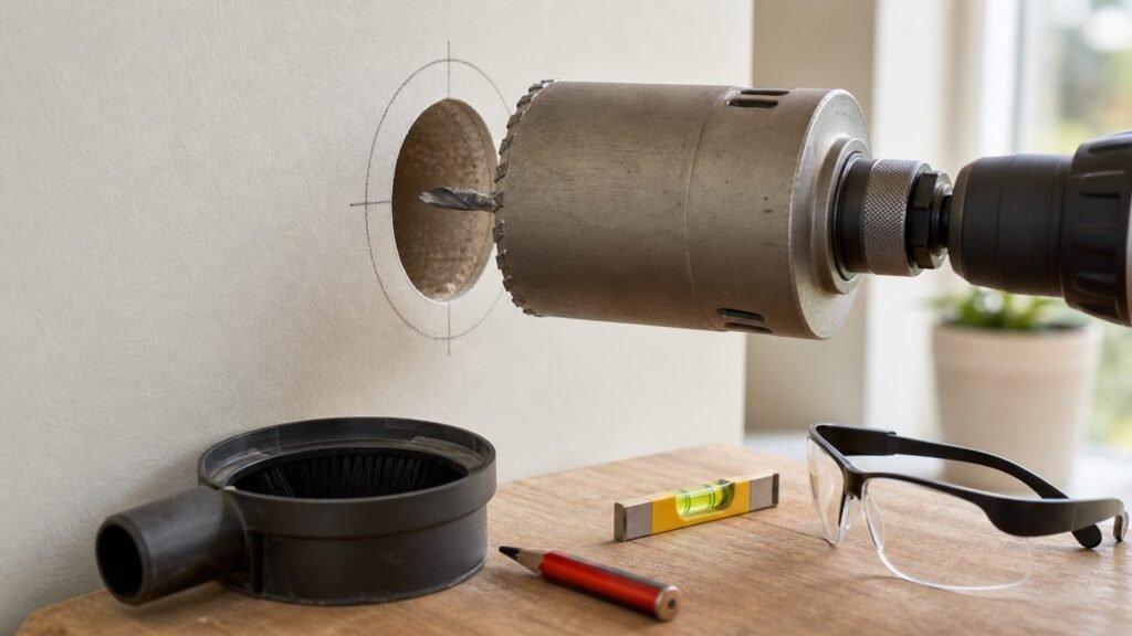 Corona de perforacion haciendo un agujero grande limpio en pared interior