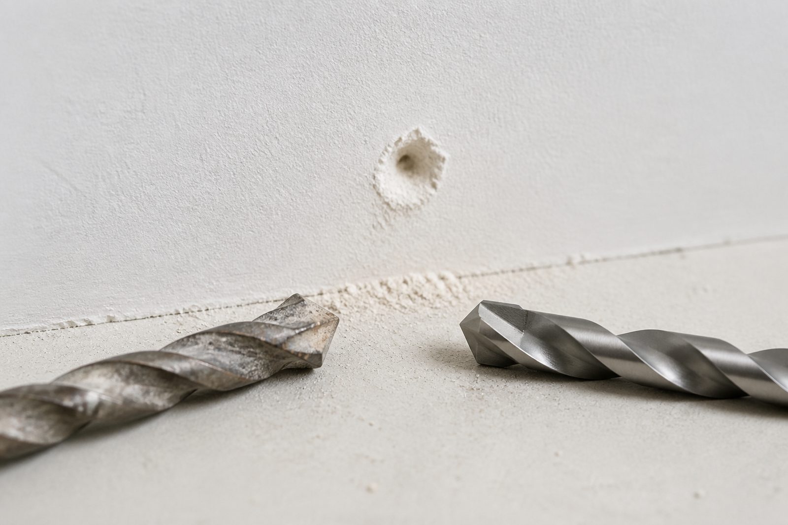 Broca gastada junto a una marca superficial en pared y una broca nueva de comparacion