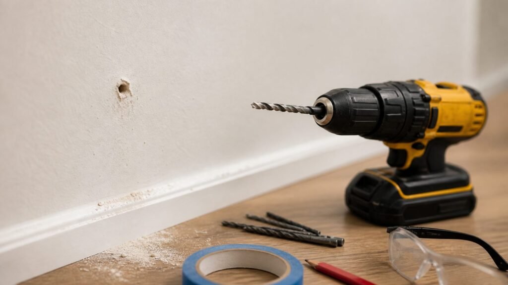Taladro con broca frente a pared con marca poco profunda y polvo