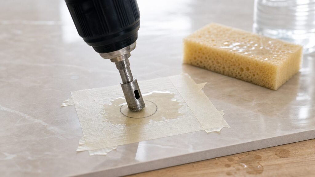 Broca diamantada iniciando un agujero en porcelanico con cinta y esponja humeda