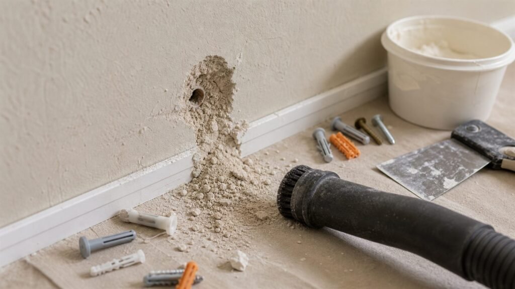 Pared antigua que se desmorona alrededor de un agujero con herramientas de reparacion