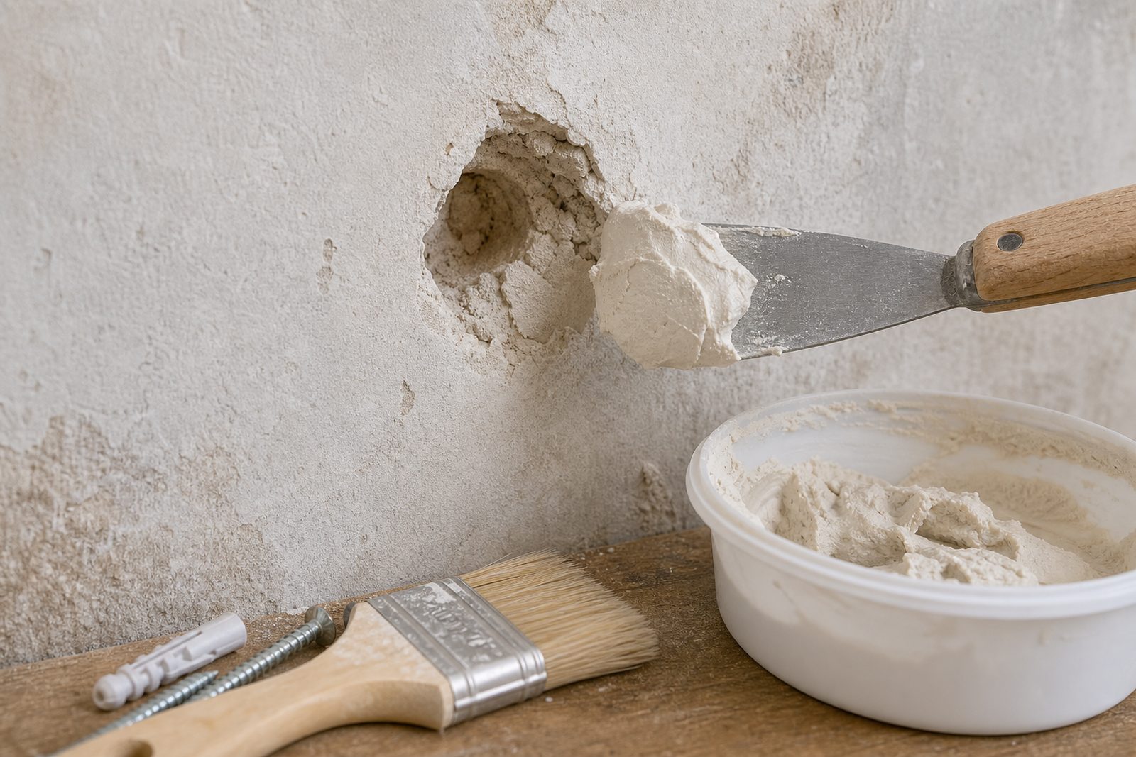 Reparacion de agujero desmoronado en pared vieja con masilla y espatula