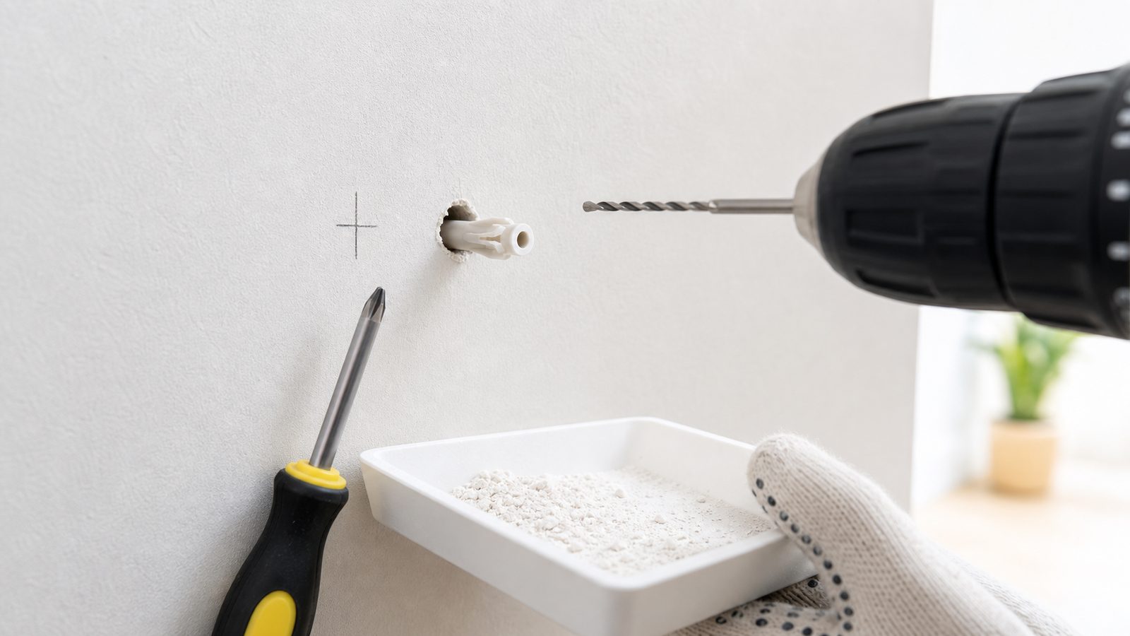 Pared de pladur con marca, broca pequena y taco para pared hueca