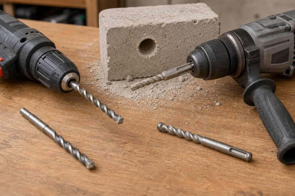 Brocas SDS y taladro para hormigon junto a bloque de prueba