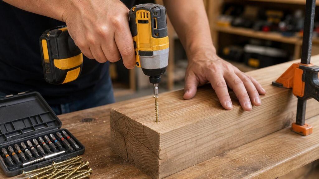 Taladro de impacto inalambrico atornillando una viga de madera
