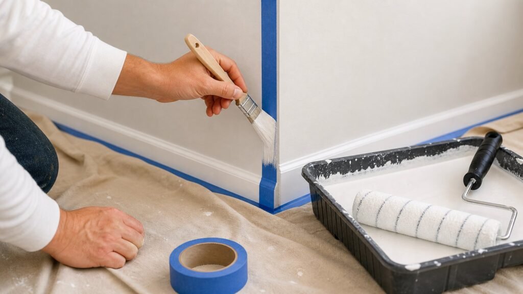 Pintar una esquina de habitacion con brocha, cinta de pintor y suelo protegido