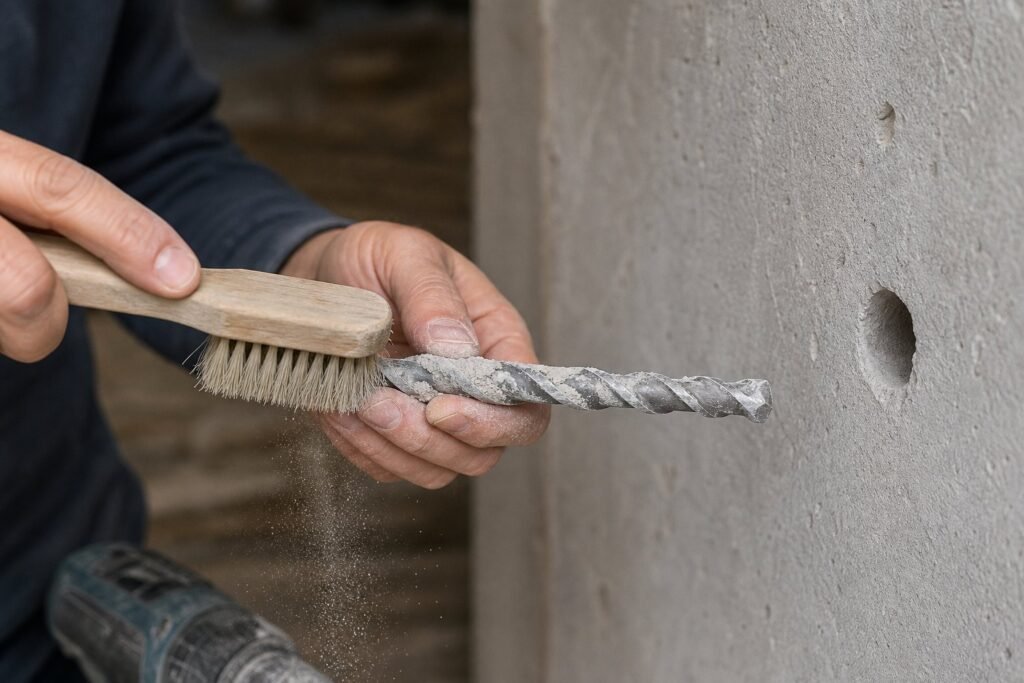 Limpieza de polvo en una broca de pared para evitar que el taladro se pare