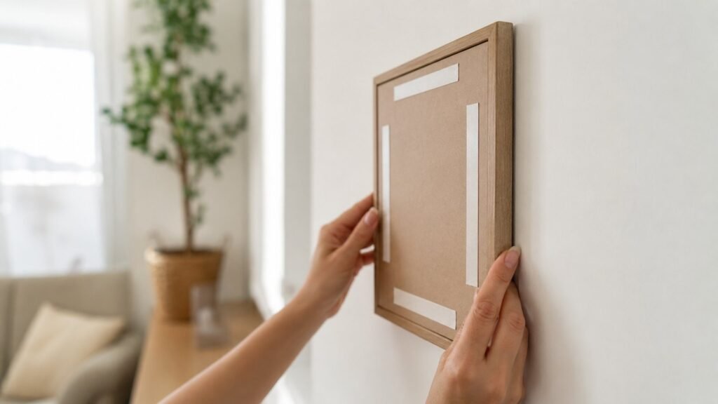 Manos colocando un marco en la pared con tiras adhesivas de doble cara, sin taladro