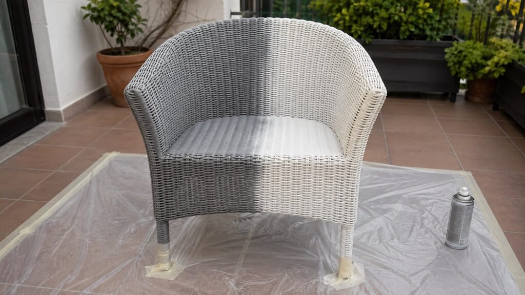 Silla de ratan sintetico recien pintada en blanco sobre plastico protector