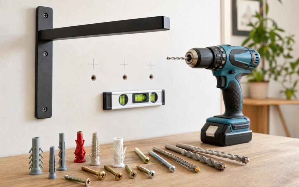 Taladro, tacos, brocas y muestras de pared para colgar peso con seguridad