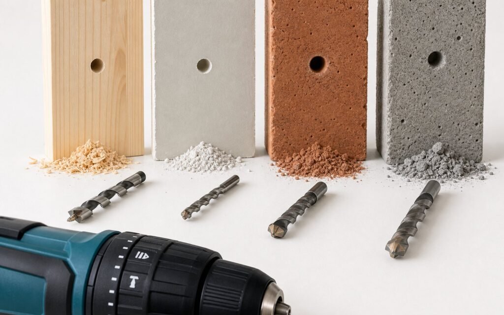 Potencia de taladro para casa con muestras de madera ladrillo pladur y hormigon