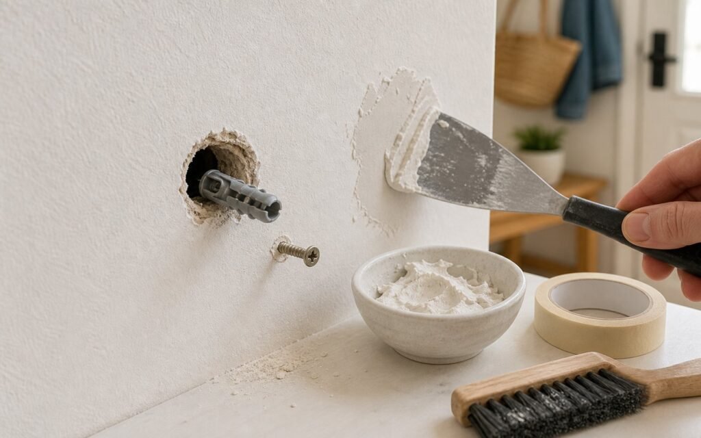 Taco gira en la pared con agujero grande y materiales de reparacion