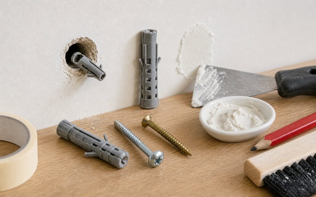 Taco de nylon y tornillo colocados en una pared