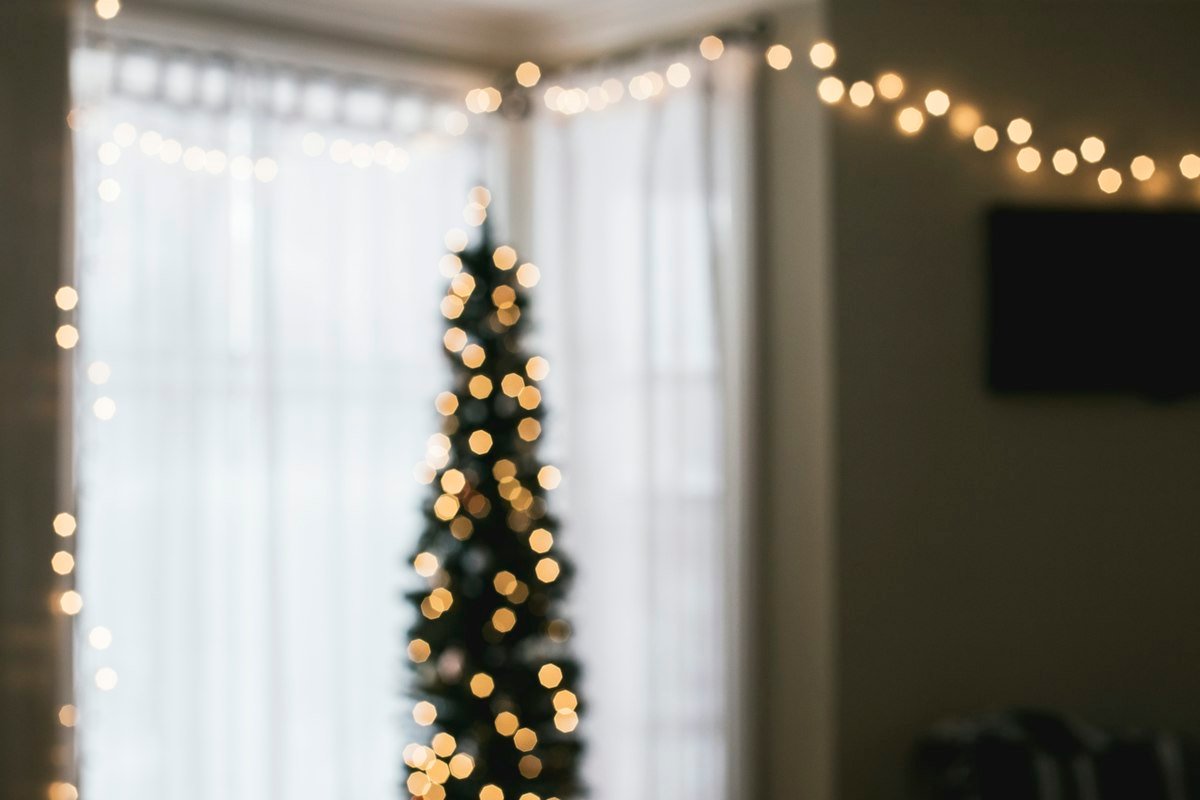 Cortina de luces en una ventana junto a un árbol de Navidad